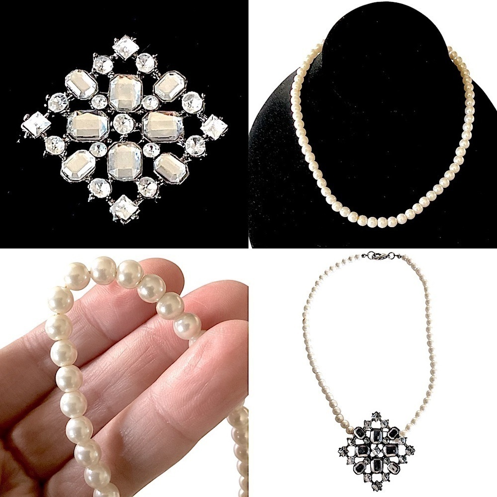 Vintage Elegant Pearl Style Necklace & Rhinestones in Silver Jewelry 2 pc Set